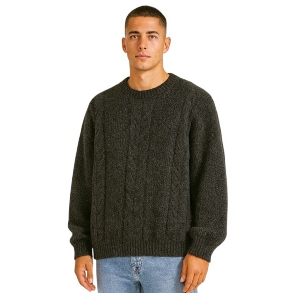 Vintage Charcoal Gray Chunky Cable Knit Wool Sweater Large XL Handmade Fisherman